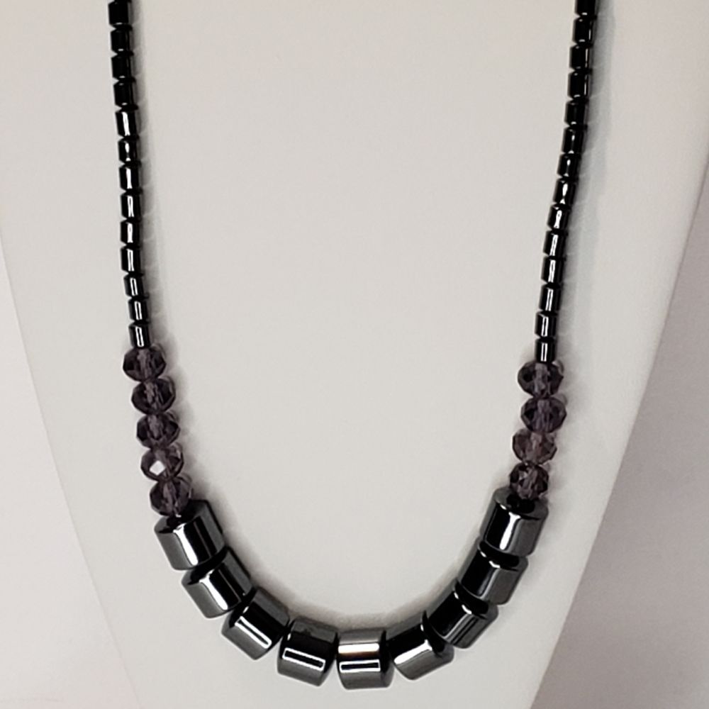 Black Hematite Cylinder Gemstone Necklace with Purple Beads, NWOT